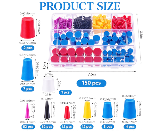 150pcs tapered silicone masking plug kit product size chart, inch & mm dimension drawing for powder coating masking plugs