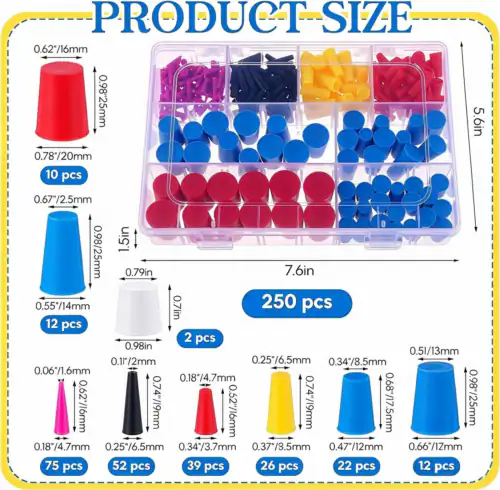 250pcs assorted tapered silicone masking plugs product size chart, mixed sizes=