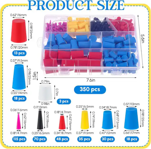 350pcs assorted tapered silicone masking plugs product size diagram, mixed sizes=