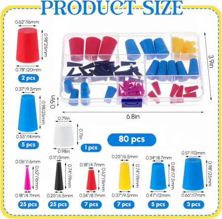 Product size chart for 80pcs tapered silicone masking plugs kit