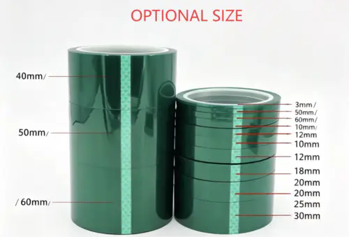 Green PET high temperature masking tape with optional widths, various size specifications for industrial masking