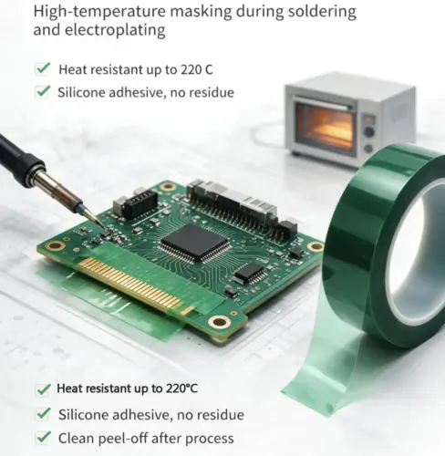 Green PET high temperature masking tape used on PCB board for soldering and electroplating shielding, heat resistant up to 220°C, silicone adhesive no residue