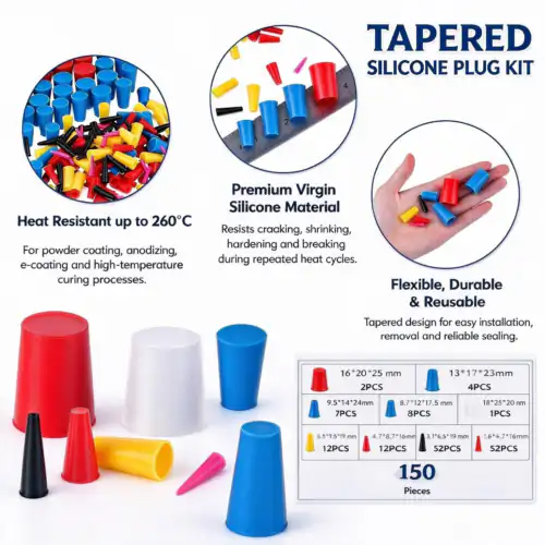 Tapered silicone masking plug kit feature graphic, heat resistant up to 260°C
