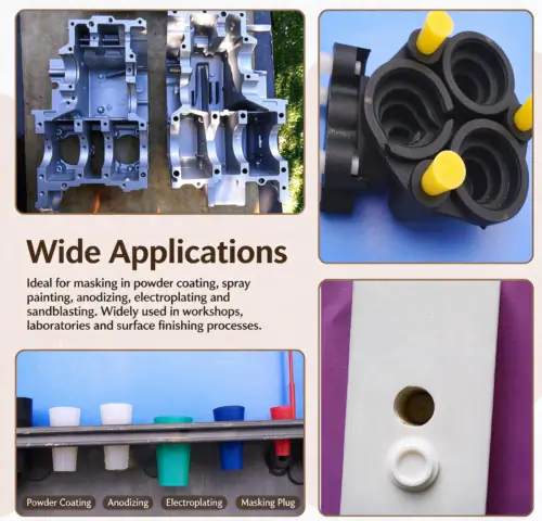 Wide applications of tapered silicone masking plugs for metal surface finishing