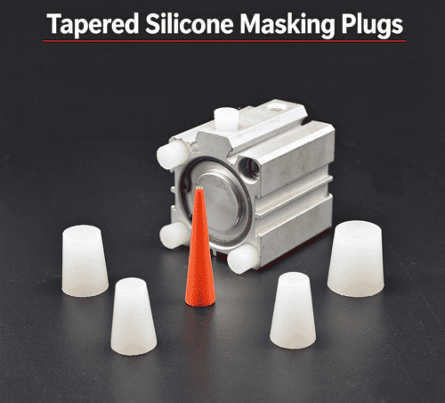 Tapered silicone masking plugs with pneumatic cylinder display
